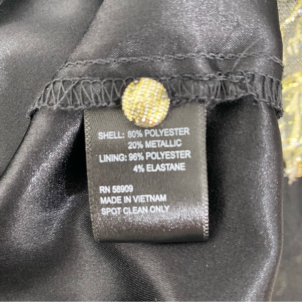 Alex Marie Black Gold Mock Neck Puff Sleeve Midi Dress Belted Pockets Cocktail - Picture 15 of 16